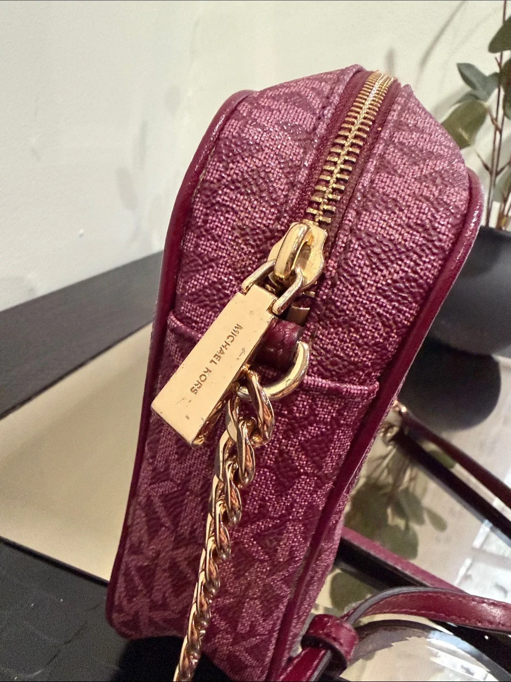 Michael Kors Rose Pink Signature MK Crossbody with Gold Chain